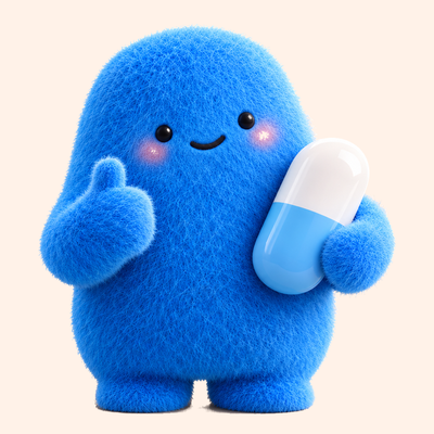 Ontimo's blue mascot holding a capsule