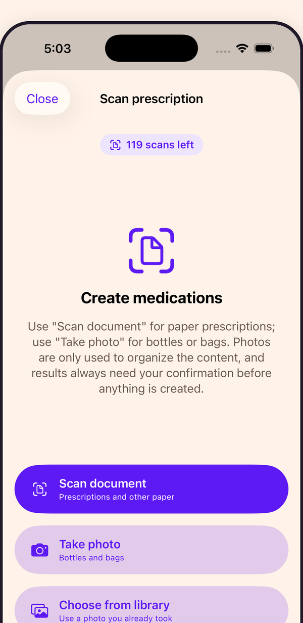 The scan screen, offering document scan, camera and photo library