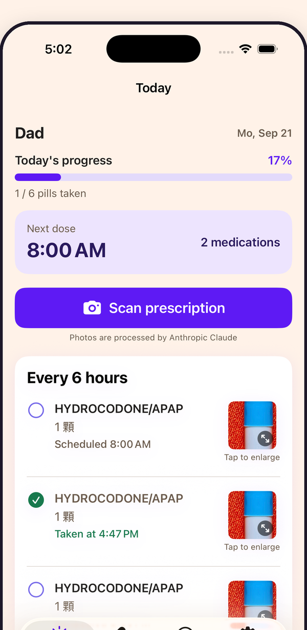 Ontimo's Today screen showing the day's doses and what has been taken